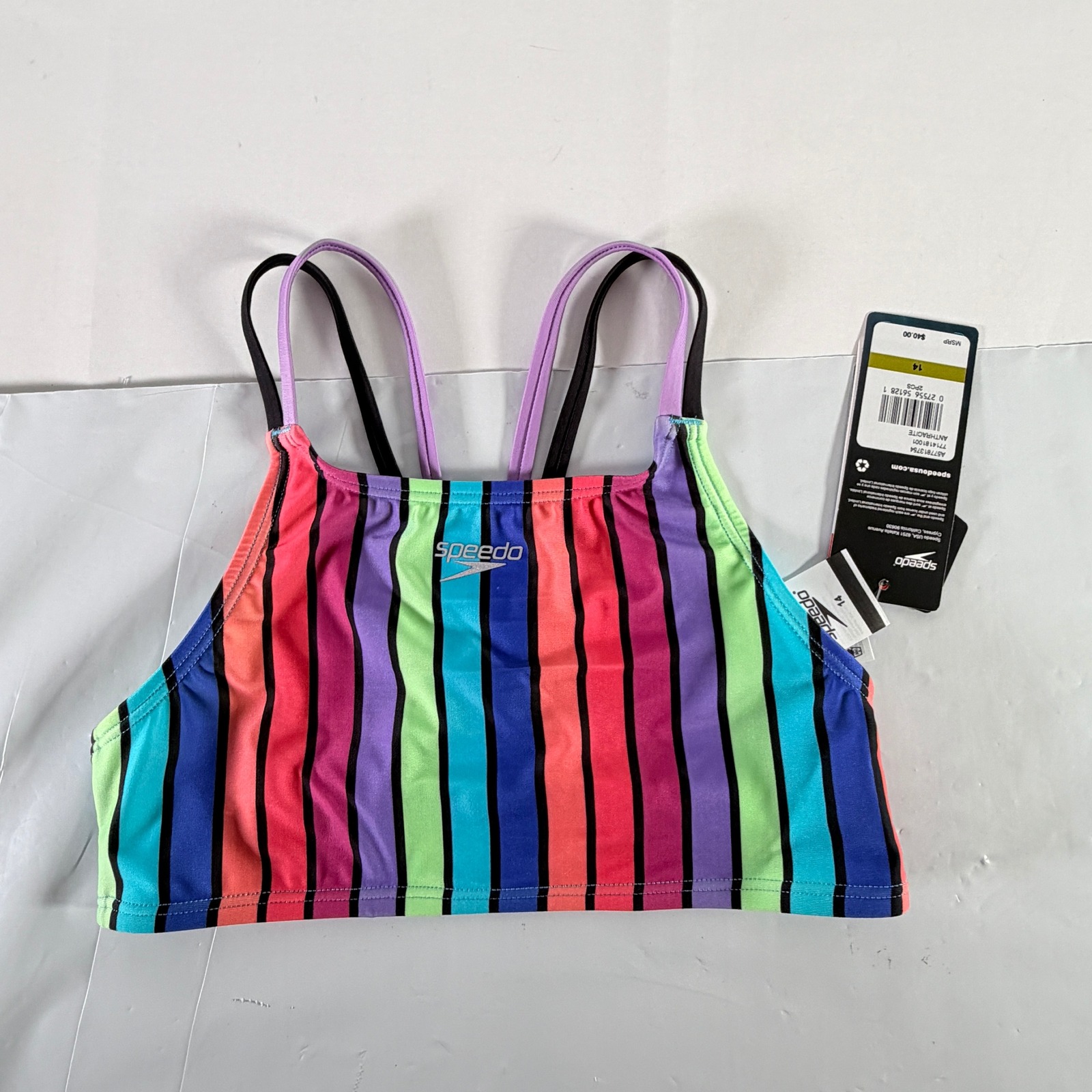 Speedo Girls Striped High Neck Swim Top Anthracite Size 14 Nwt
